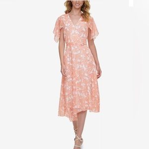 DKNY Printed Short Sleeve Front Wrap Dress Flamingo Multi Size 14